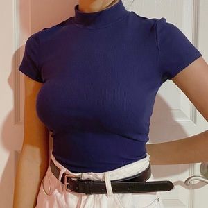 SOLD: Navy Blue Ribbed High Collar Crop Top
